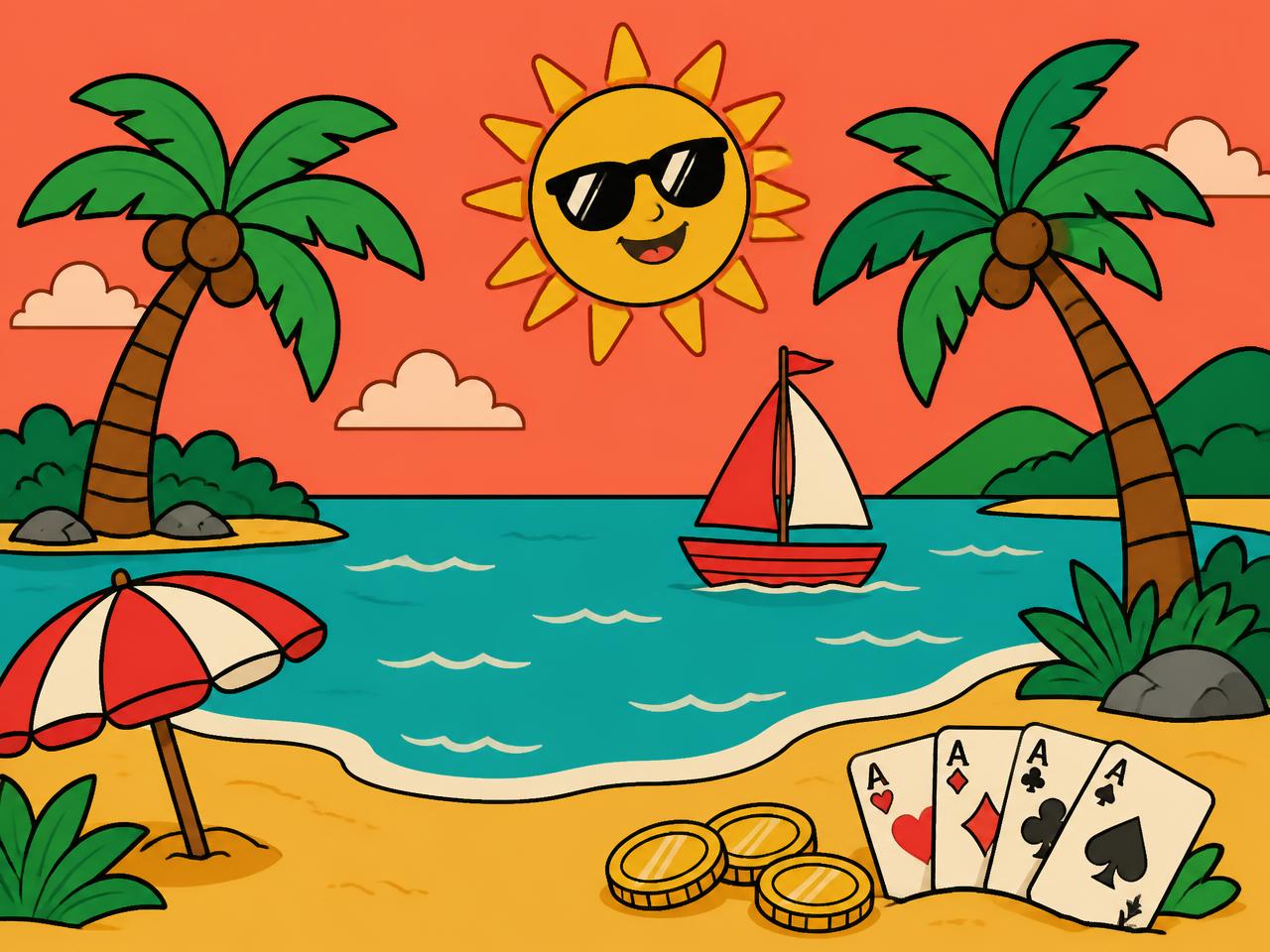 Cartoon illustration of a sunny tropical bay with palm trees, a smiling sun, a sailboat, gold coins and playing cards